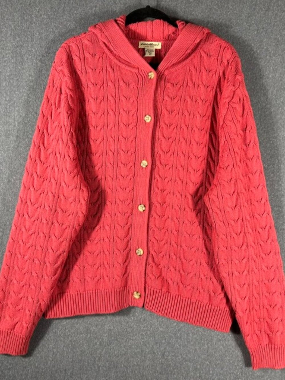 Eddie Bauer Cable Knit Cardigan Sweater Womens Sz Tall XL Pink Hooded